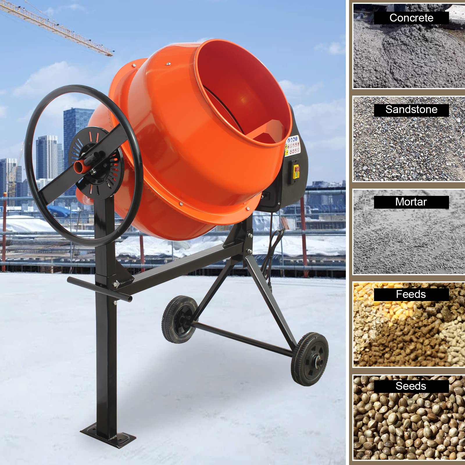 Oarlike 5.0 Cu. FT Concrete Mixer, Electric Cement Mixer Machine for Stucco with Wheel and Stand