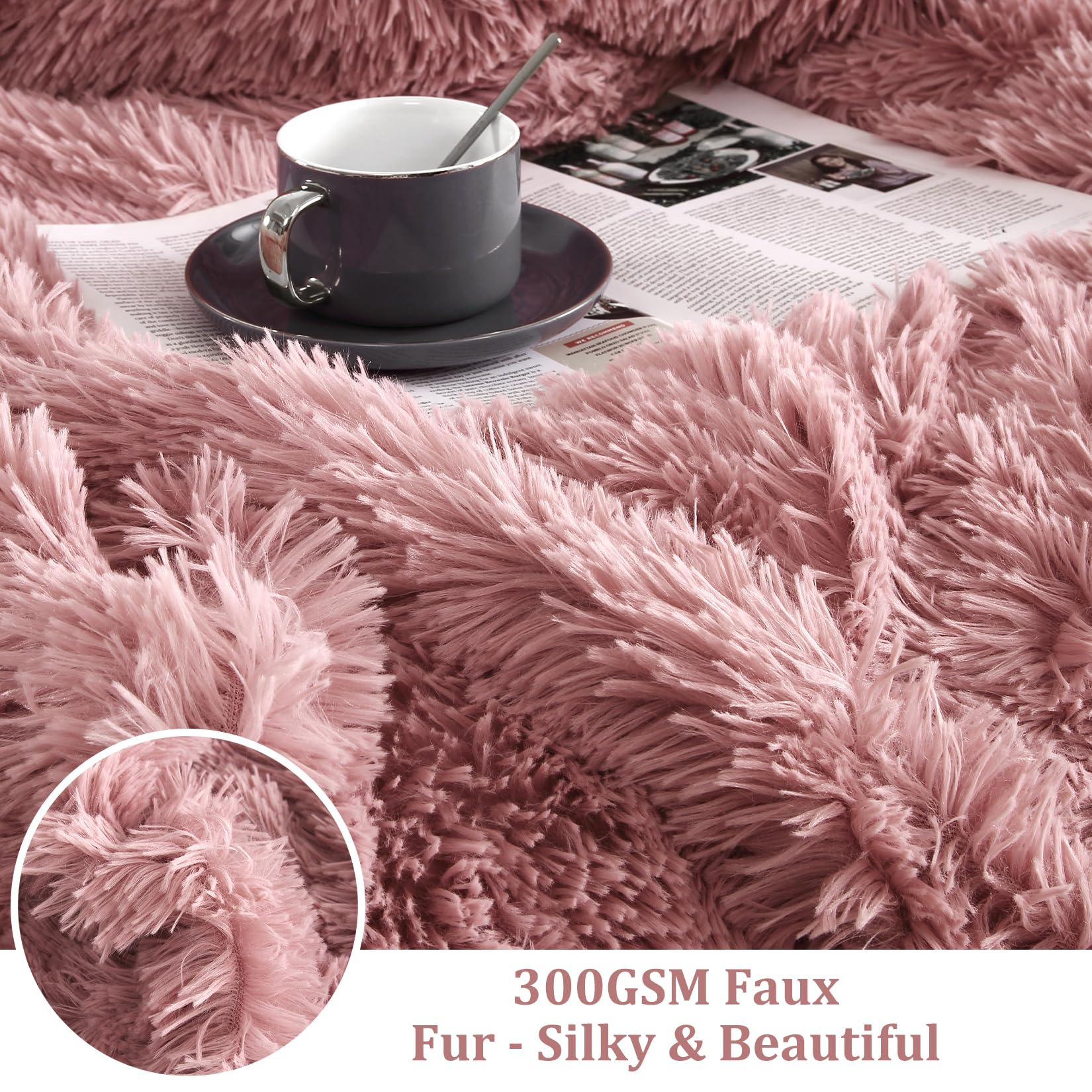 CAROMIO Fluffy Duvet Cover Set King Size, Luxury Soft Faux Fur Duvet Cover with Button Closure Corner Ties, 3 Piece Shaggy Bedding Set with 2 Pillow Sham for Cold Winter (King, Pink)