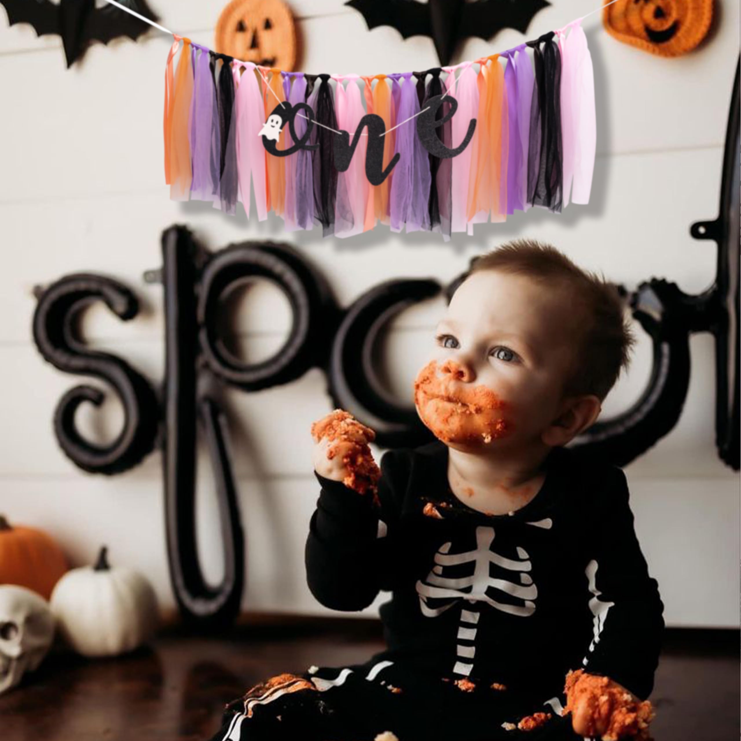 CANTLY Halloween 1st Highchair Banner,Halloween Ghost Pink Purple Birthday Decorations For Girls,Spooky One Birthday Decor,Orange Black Halloween Themed Baby Birthday Party (Black Halloween Ghost)