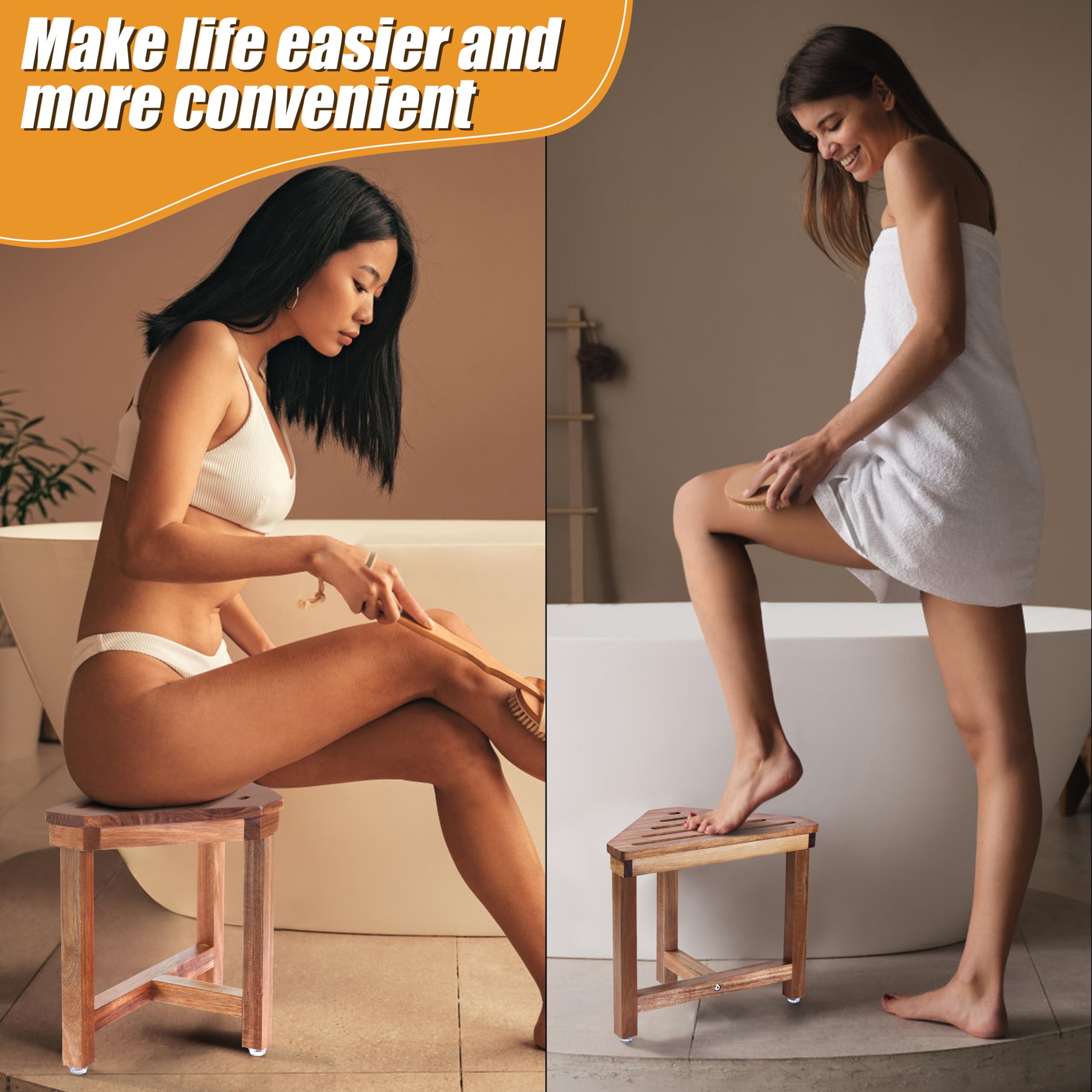 Boulphia Shower Stool for Shaving Legs 13.3 in, Acacia Wood Corner Shower Stool, Shower Foot Rest for Shaving Legs Suitable for Small Shower Spaces-Safe & Stable, Non-Slip Design