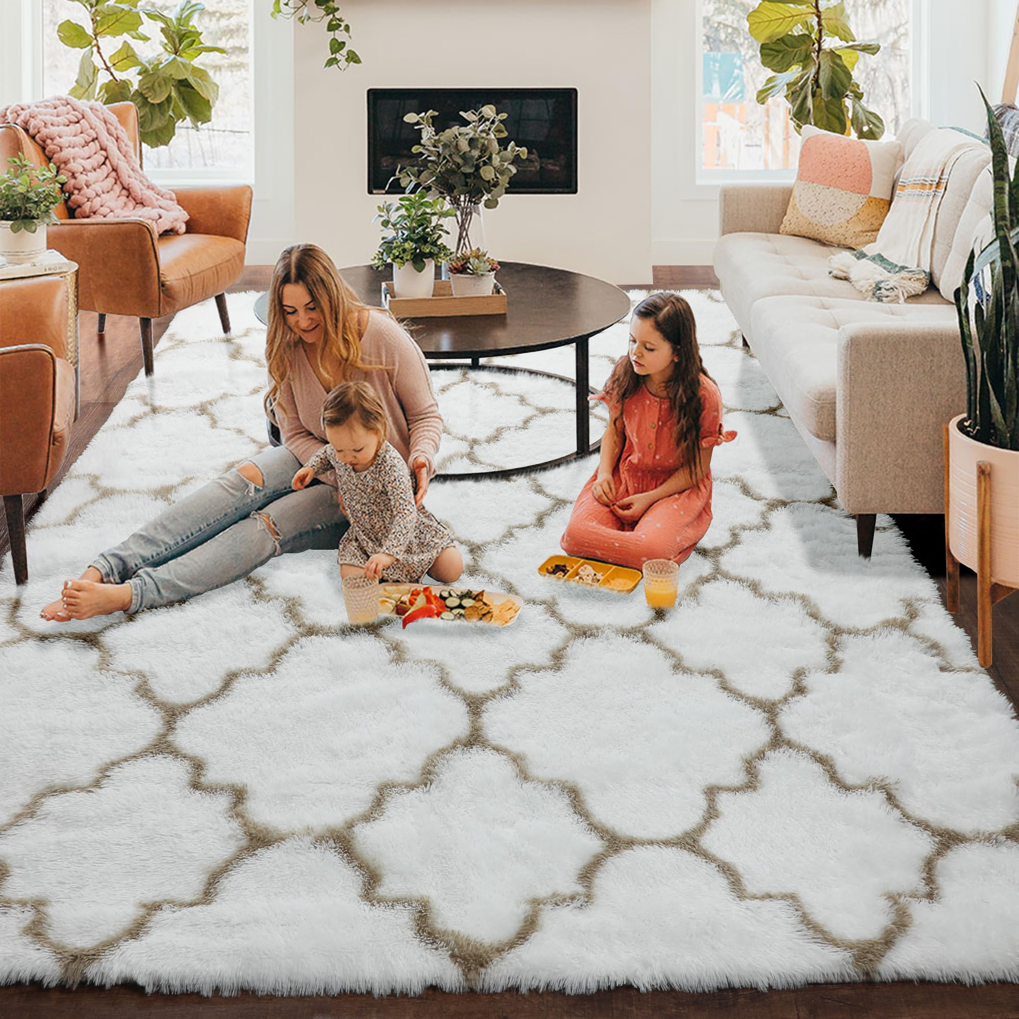 Amdrebio White and Beige Rugs for Living Room, 7x10 Rug, Soft Large Area Rug for Bedroom, Fluffy Neutral Boho Rug for Kids Room, Geometric Morrocan Shaggy Carpet for Playroom, Big Thick Floor Rug