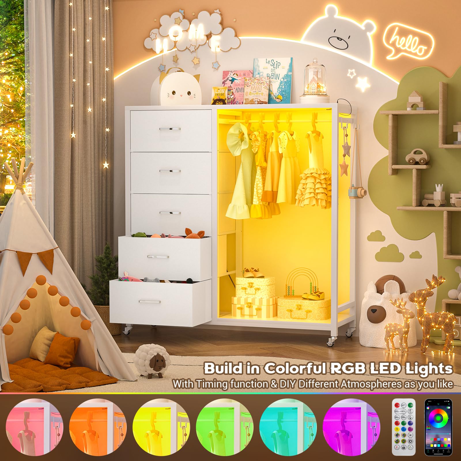 Cyclysio Dresser with Clothes Rack, 5 Drawers Dresser with Charging Station & LED Lights, White Storage Unit, Closet