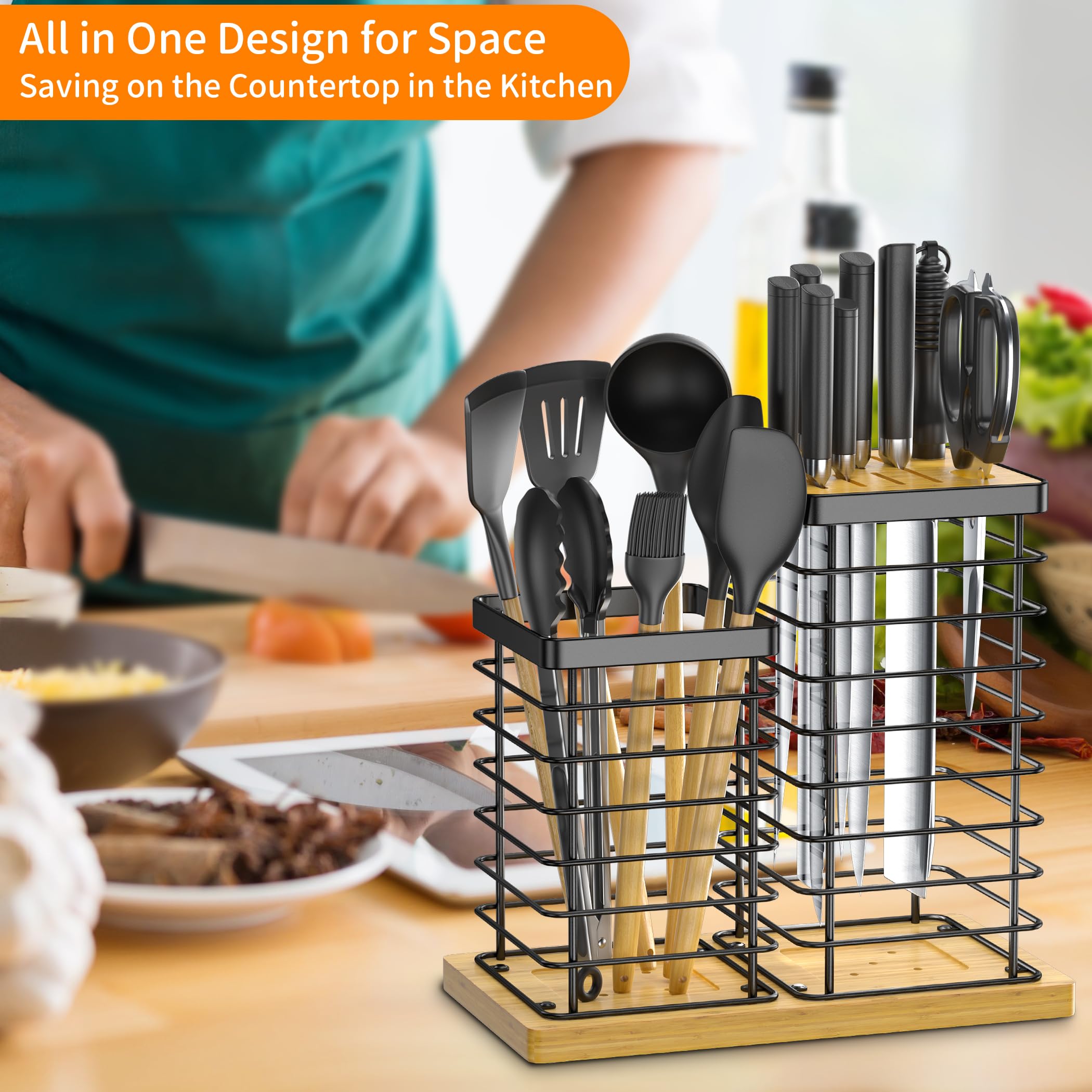 EBEAU Knife Holder + Utensil Holder, Universal Kitchen Bamboo Knife Holder without Knives, Modern Kitchen Countertop Utensil Organizer, Kitchen Knife Block with Scissors Slot and Sharpening Rod Hole