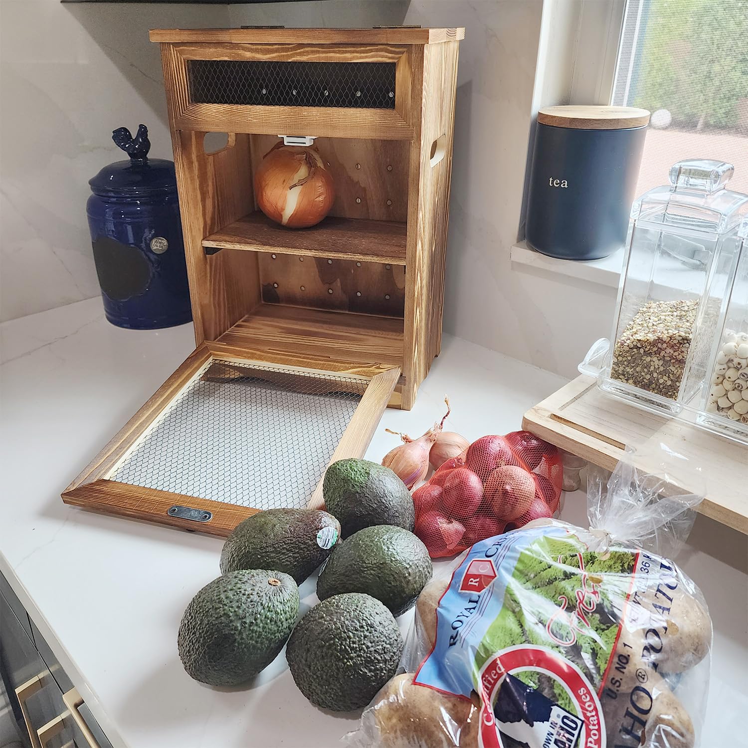 Ikee Design Free Assemble Wooden Countertop Potato and Onion Storage Bin Box,Countertop Storage Cabinet, Wooden Bread Boxes, Potato Storage, Coffee Station,11.8W x 6.8D x 16H in, Rustic Color