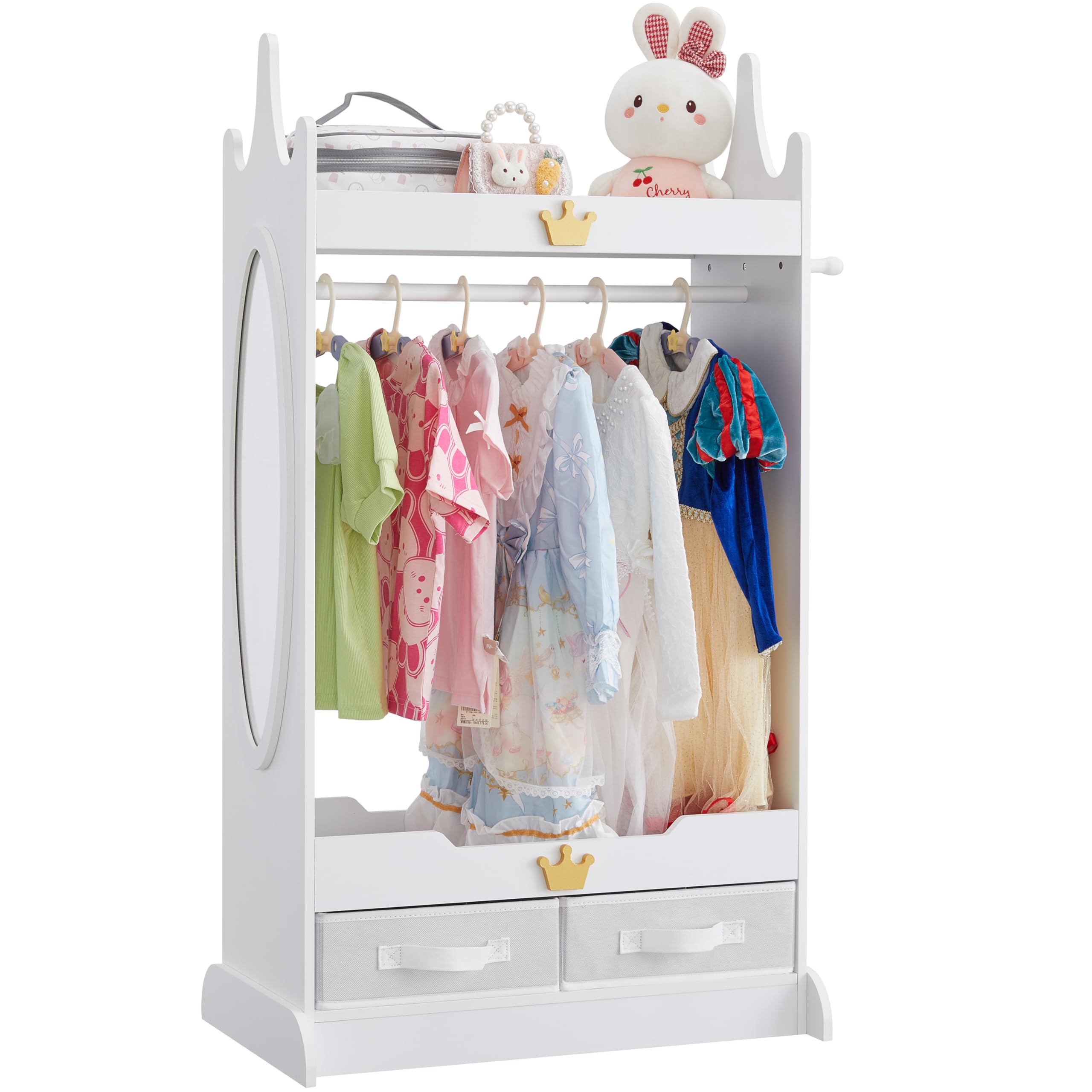 GTOLV Kids Dress Up Storage with Mirror, Kids Armoire with Non-Woven Drawers, Open Costume Closet with Hanging Rack for Toddlers (White)