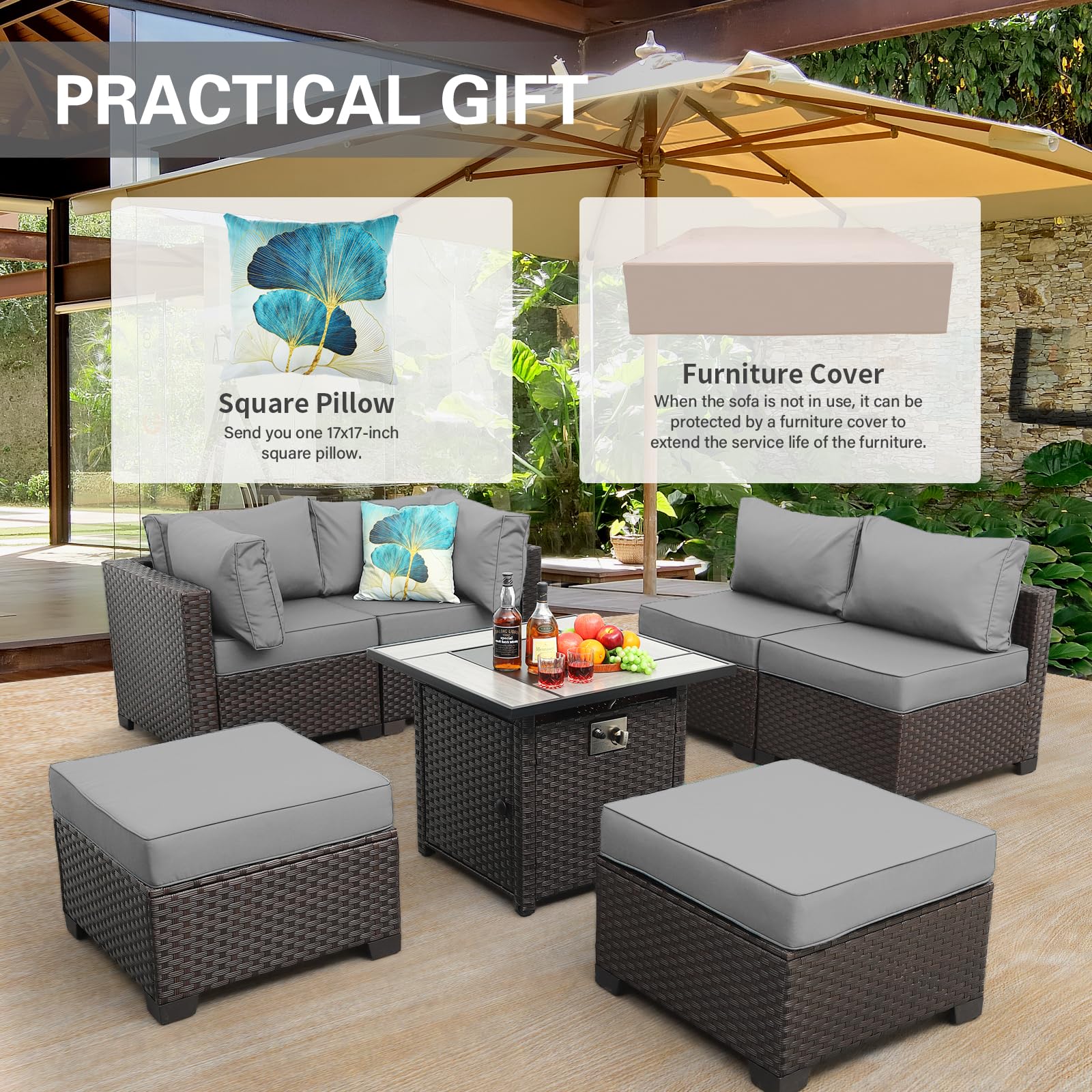 WAROOM Outdoor Patio Furniture Set 7 Pieces Sectional Sofa Brown Rattan Conversation Couch with PE Wicker Propane Fire Pit Table, Non-Slip 5" Thick Grey Cushion and Furniture Cover