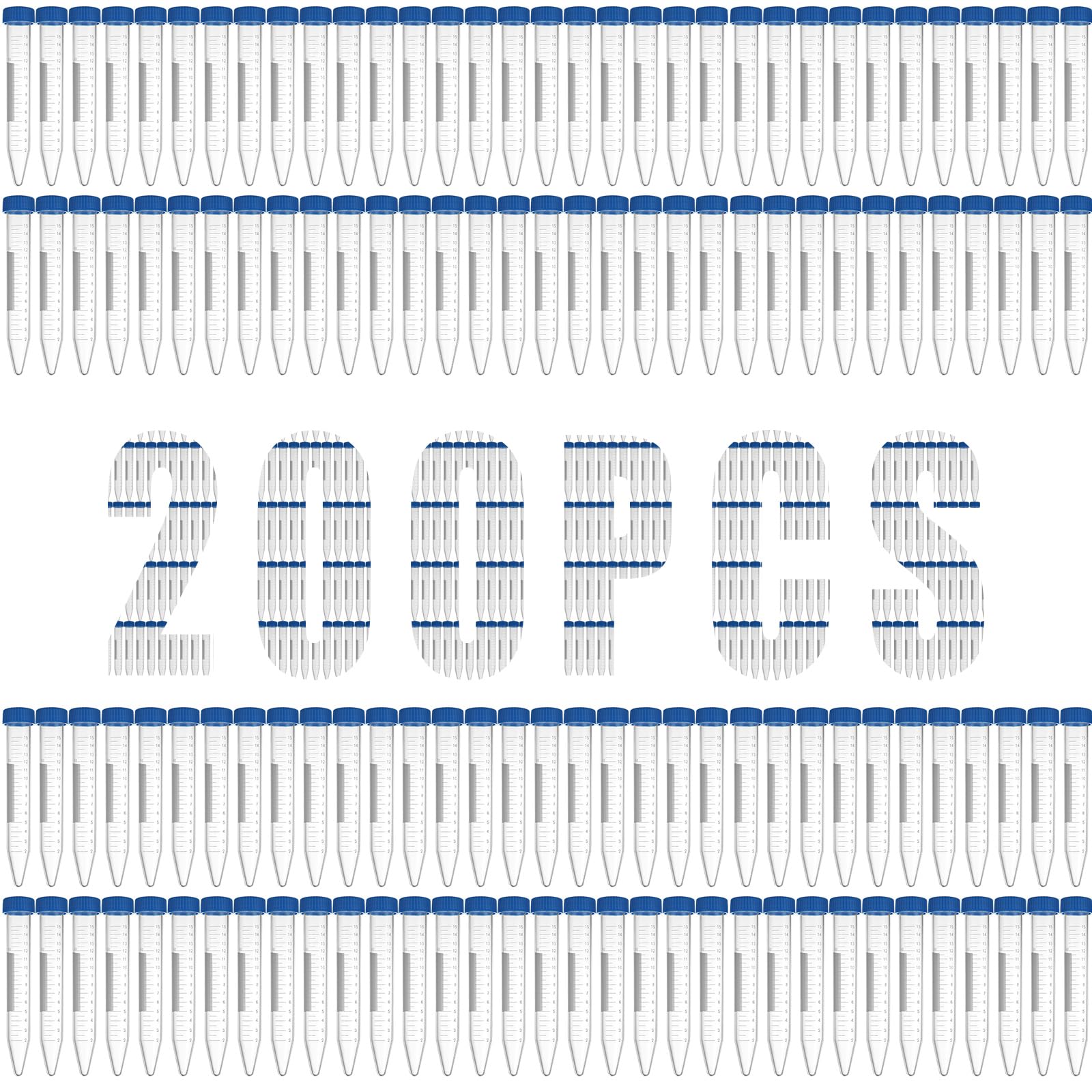 AKOLAFE 200 Pack 15ml Centrifuge Tubes, 15 ml Conical Centrifuge Tubes with Graduated Marks, Write-on Spots and Blue Screw Caps, Leak Proof Plastic Test Tubes Container for Lab Scientific Experiments