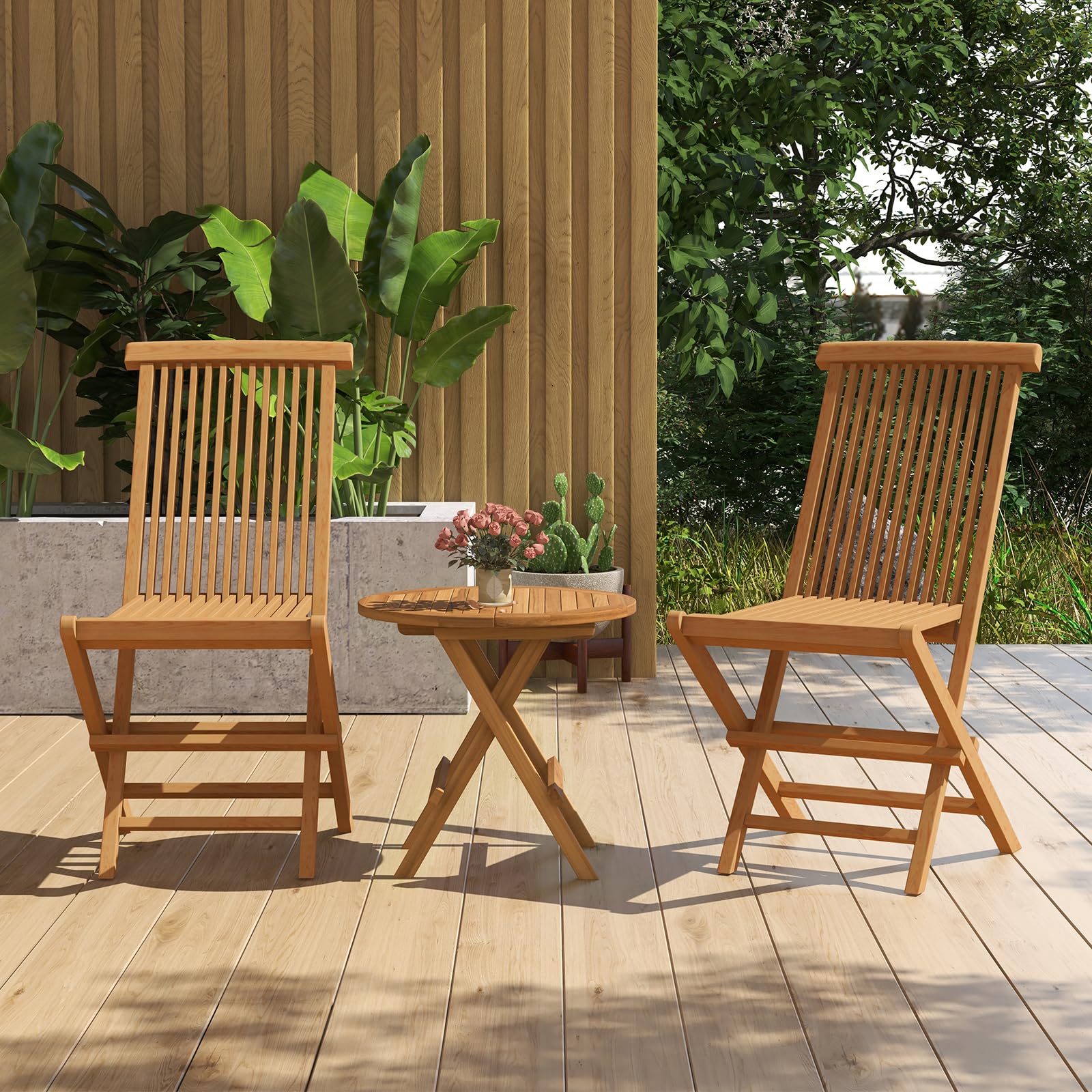 Tangkula 2 Piece Wood Patio Folding Chair, Sturdy Teak High-Back Chair with Slatted Design, Portable & Lightweight Outdoor Dining Chair, Natural Appearance, Perfect for Backyard, Camping