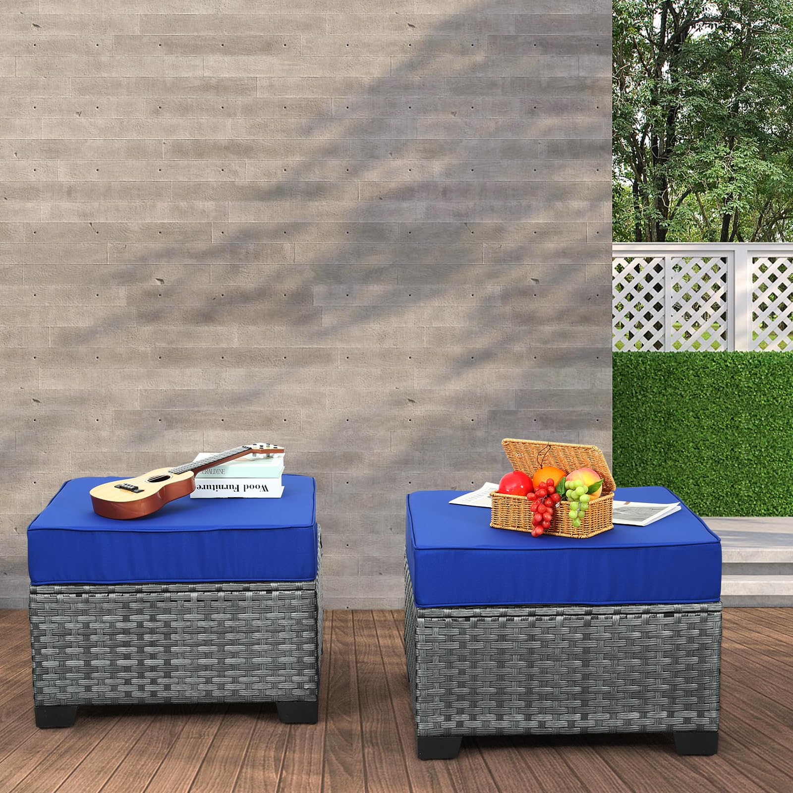 Lviden 2 Piece Outdoor Patio Ottomans, All Weather Grey Wicker Footstool Footrest, Additional Seating Furniture with 5" Thick Cushions (Royal Blue)