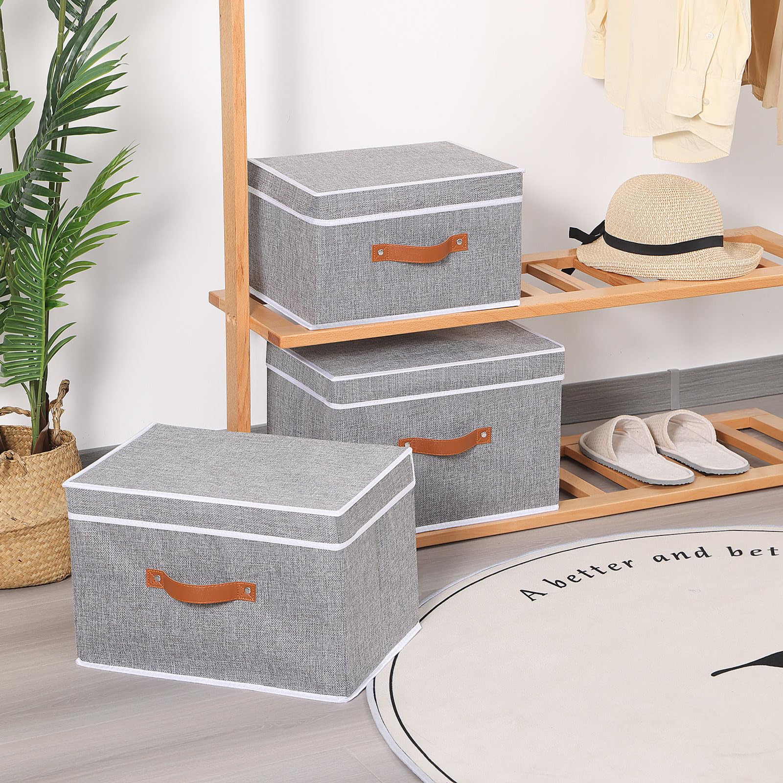 YheenLf Fabric Storage Bins with Lids, Linen Foldable Storage Boxes, Closet Storage Organizer Containers with Handles, Storage Cube for Bedroom, Grey, 1 Pack, 13 x 9.1 x 7.9 in