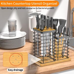 EBEAU Knife Holder + Utensil Holder, Universal Kitchen Bamboo Knife Holder without Knives, Modern Kitchen Countertop Utensil Organizer, Kitchen Knife Block with Scissors Slot and Sharpening Rod Hole