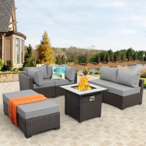 WAROOM Outdoor Patio Furniture Set 7 Pieces Sectional Sofa Brown Rattan Conversation Couch with PE Wicker Propane Fire Pit Table, Non-Slip 5" Thick Grey Cushion and Furniture Cover