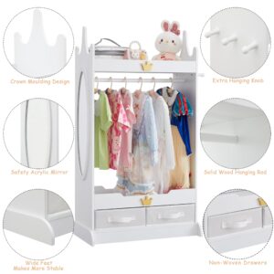 GTOLV Kids Dress Up Storage with Mirror, Kids Armoire with Non-Woven Drawers, Open Costume Closet with Hanging Rack for Toddlers (White)