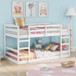 lostcat twin over twin bunk bed, pine wood bunk bed frame, twin bunk bed frame with ladder and full-length guardrail, easy assembly pine wood bunk bed frame for children, teens and adults, white