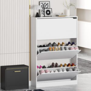 boonatu shoe cabinet storage for entryway, shoe cabinet storage with 3 flip drawers, shoe cabinet for entryway slim space, 3 tier white shoe cabinet freestanding wood shoe rack for entryway, hallway