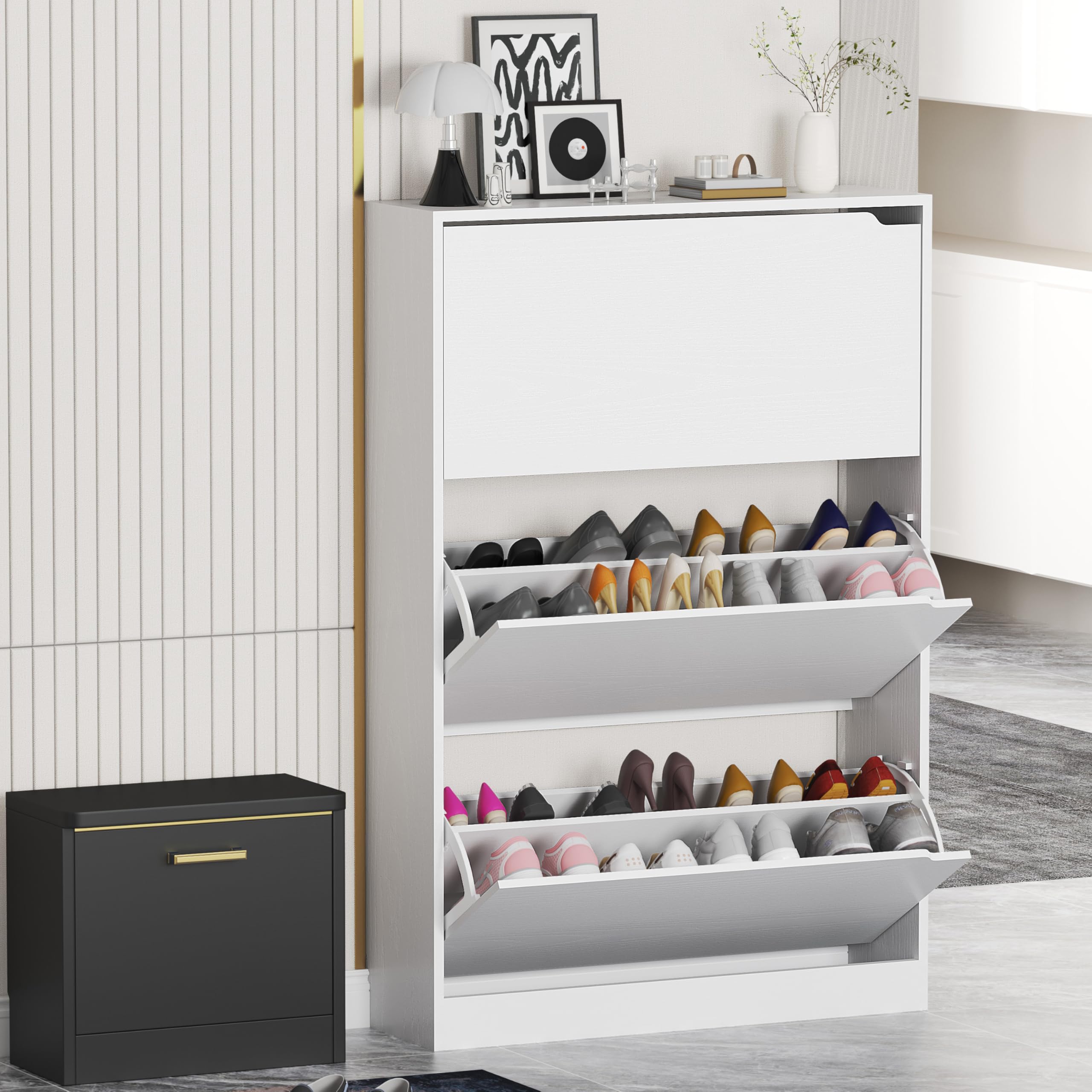 Boonatu Shoe Cabinet Storage for Entryway, Shoe Cabinet Storage with 3 Flip Drawers, Shoe Cabinet for Entryway Slim Space, 3 Tier White Shoe Cabinet Freestanding Wood Shoe Rack for Entryway, Hallway