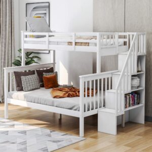 lostcat twin over full bunk bed, solid pinewood bunk bed with storage staircase and safety guardrails for kids/teens/adults,can be separated into twin/full size bed, white