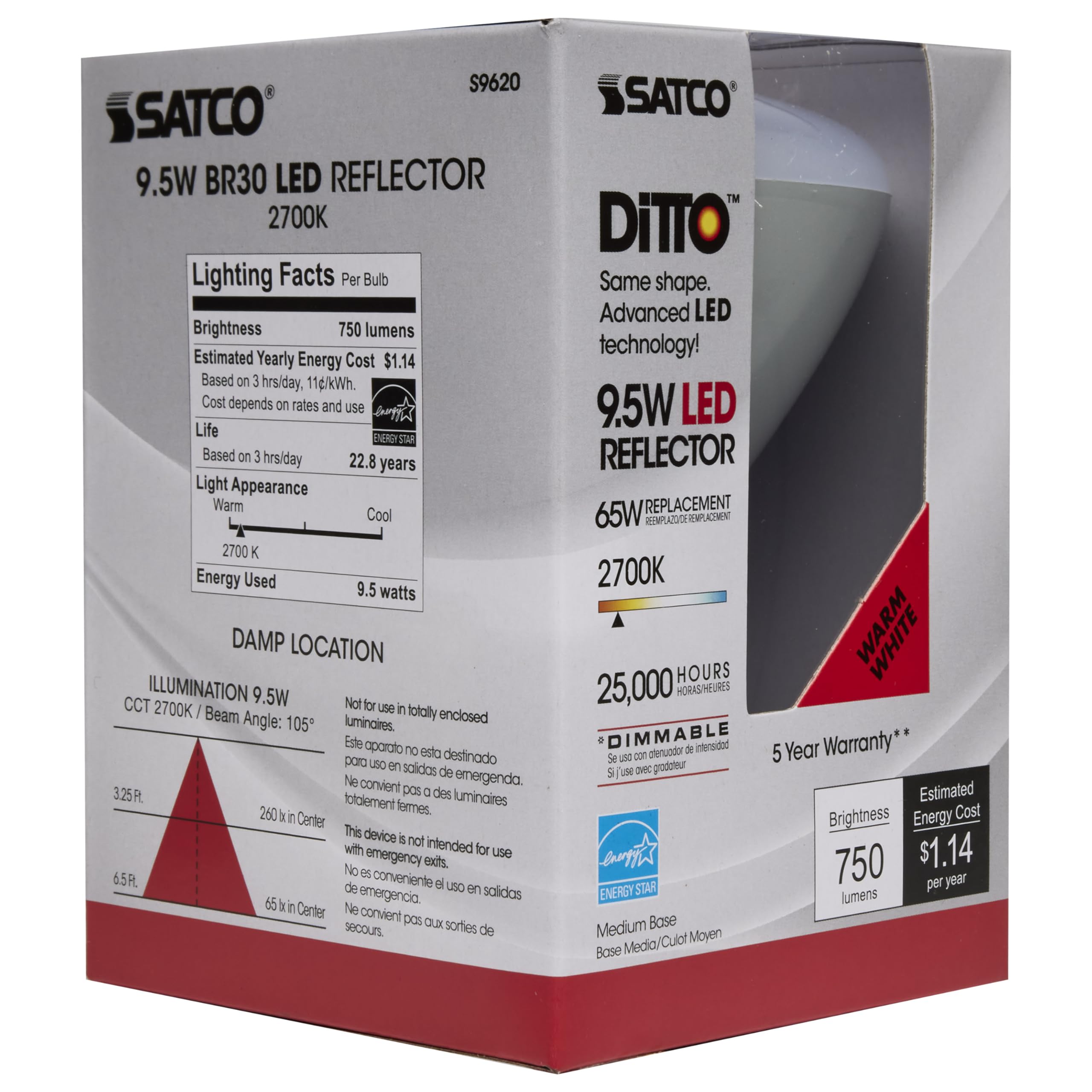 Satco S9620-9.5 Watt BR30 LED Bulb - (6 LED Light Bulbs)