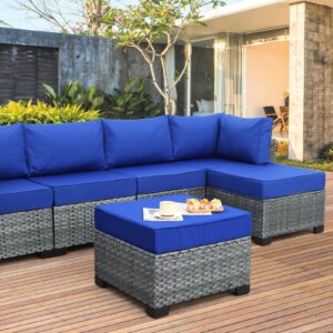 Lviden 2 Piece Outdoor Patio Ottomans, All Weather Grey Wicker Footstool Footrest, Additional Seating Furniture with 5" Thick Cushions (Royal Blue)