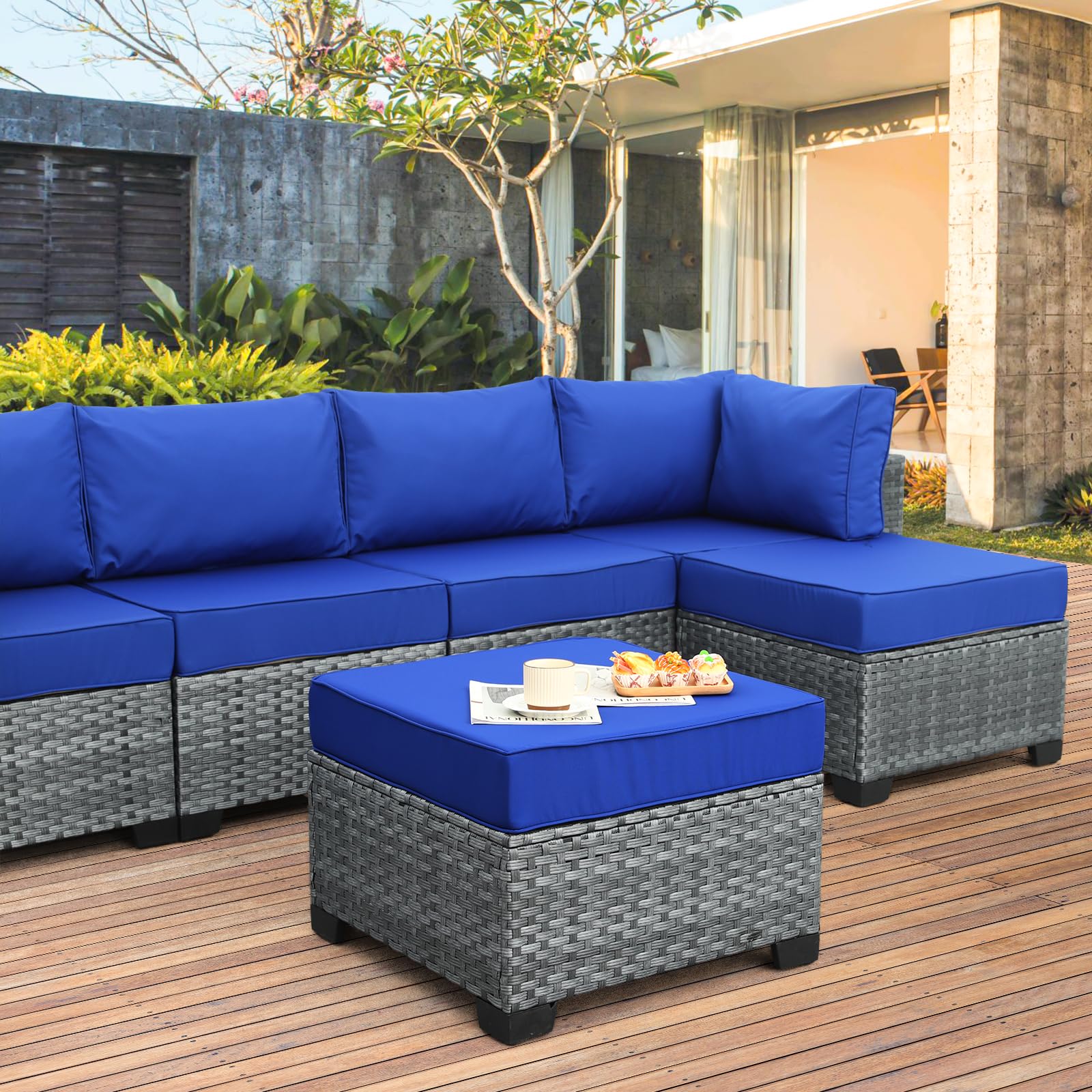 Lviden 2 Piece Outdoor Patio Ottomans, All Weather Grey Wicker Footstool Footrest, Additional Seating Furniture with 5" Thick Cushions (Royal Blue)