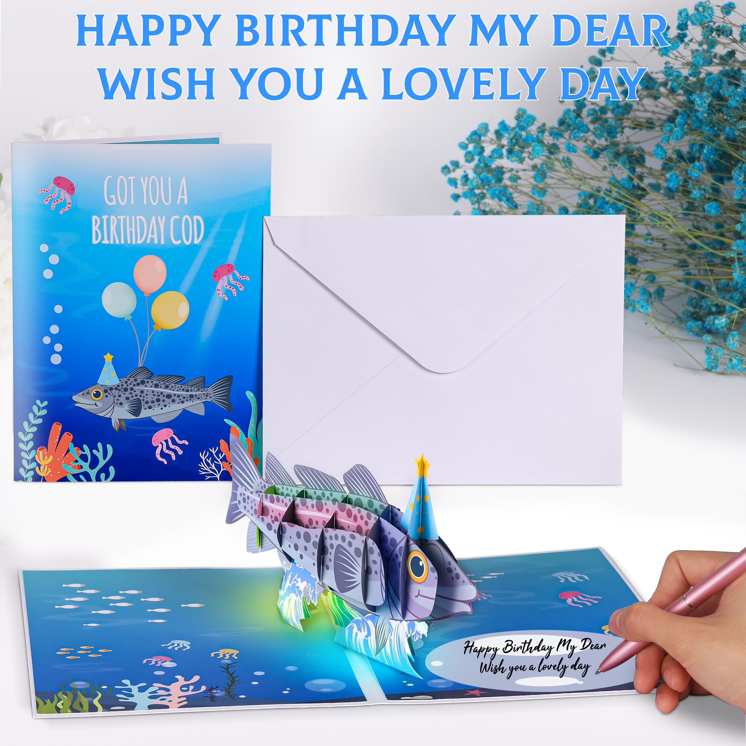 Funny Fish Themed 3D Pop Up Musical Birthday Cards For Men, Funny Greeting Card W/Lights and Happy Birthday Song for Dad, Men, Fisherman,Him, Husband, Grandpa