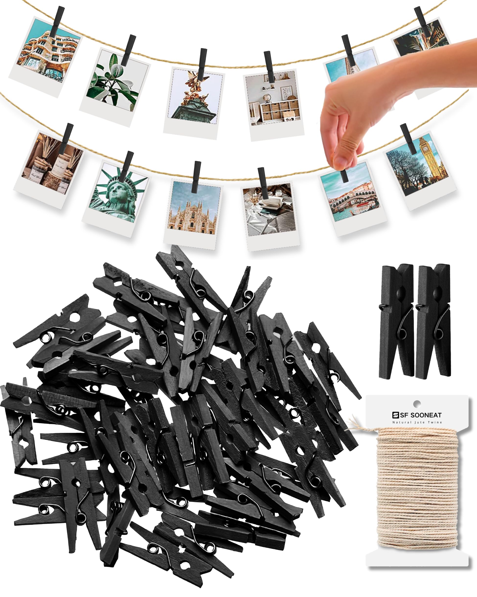 Mini Clothes Pins Wooden Clothespins for Photo 1 Inch 150 PCS Tiny Wood Clips Close Pins for Baby Clothing Hanging Classroom Crafts (Black)