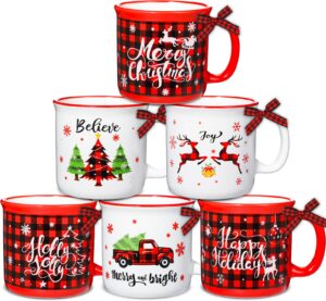 zoiiwa 6 pack christmas coffee mug set with red black plaid ribbon for holiday party ceramic mugs for christmas gift christmas theme decor for home kitchen table centerpieces decor housewarming gift