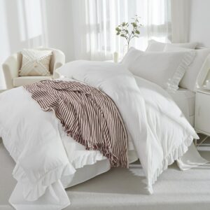 brandream duvet cover set full/queen size 100% washed cotton linen feel super soft comfortable chic lightweight 3 pcs home ruffled fringe minimalist bedding set solid white