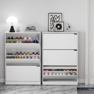 Boonatu Shoe Cabinet Storage for Entryway, Shoe Cabinet Storage with 3 Flip Drawers, Shoe Cabinet for Entryway Slim Space, 3 Tier White Shoe Cabinet Freestanding Wood Shoe Rack for Entryway, Hallway