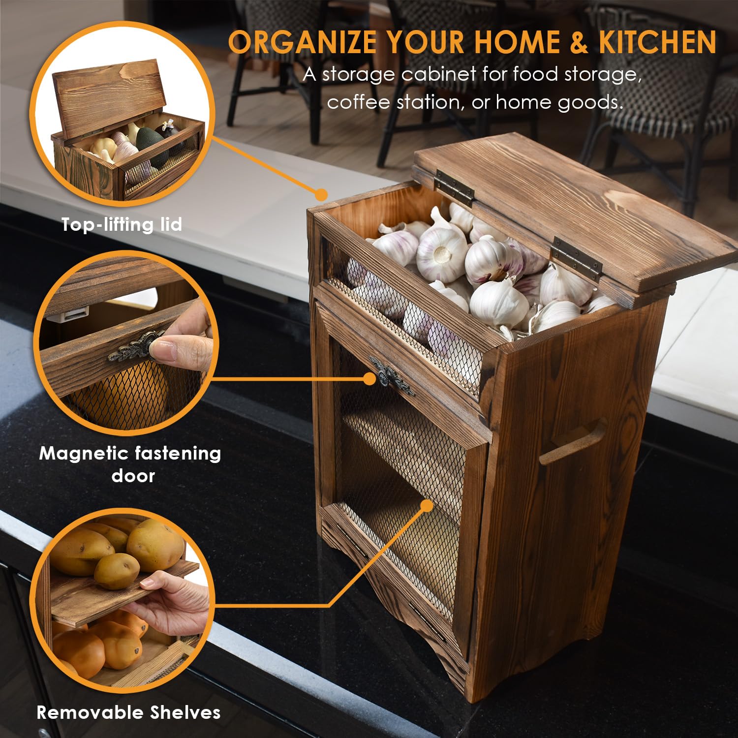 Ikee Design Free Assemble Wooden Countertop Potato and Onion Storage Bin Box,Countertop Storage Cabinet, Wooden Bread Boxes, Potato Storage, Coffee Station,11.8W x 6.8D x 16H in, Rustic Color