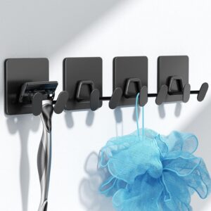 shower hooks for inside shower - extra sticky stainless, razor holder shower accessories, wall mounted self-adhesive double hooks for razor, loofah, towel, shaver, coat, key, matt black, 4-pack