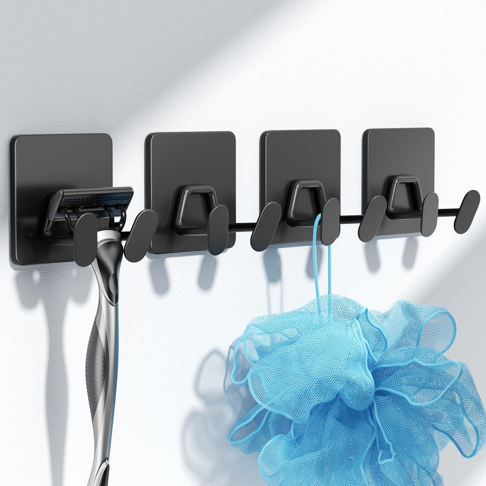 Shower Hooks for Inside Shower - Extra Sticky Stainless, Razor Holder Shower Accessories, Wall Mounted Self-Adhesive Double Hooks for Razor, Loofah, Towel, Shaver, Coat, Key, Matt Black, 4-Pack