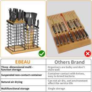 EBEAU Knife Holder + Utensil Holder, Universal Kitchen Bamboo Knife Holder without Knives, Modern Kitchen Countertop Utensil Organizer, Kitchen Knife Block with Scissors Slot and Sharpening Rod Hole