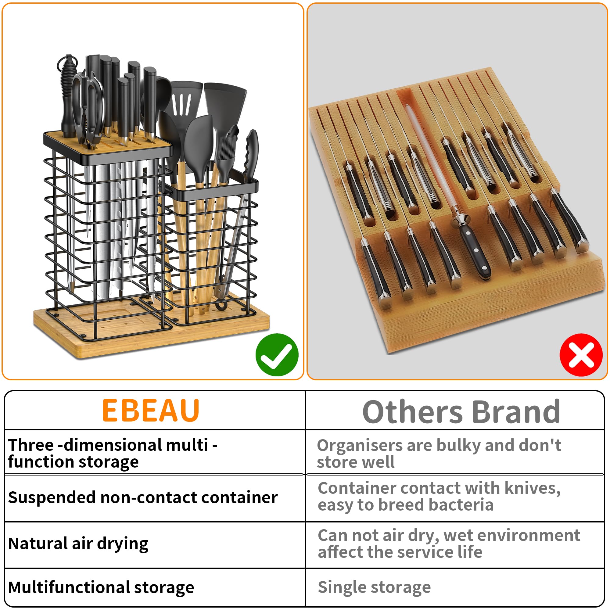 EBEAU Knife Holder + Utensil Holder, Universal Kitchen Bamboo Knife Holder without Knives, Modern Kitchen Countertop Utensil Organizer, Kitchen Knife Block with Scissors Slot and Sharpening Rod Hole