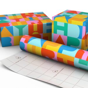 hallmark wrapping paper with cutlines on reverse (1 mini roll: 17.5" wide by 27.4' long; 40 sq. ft.) happy birthday, rainbow block letters