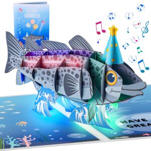 funny fish themed 3d pop up musical birthday cards for men, funny greeting card w/lights and happy birthday song for dad, men, fisherman,him, husband, grandpa