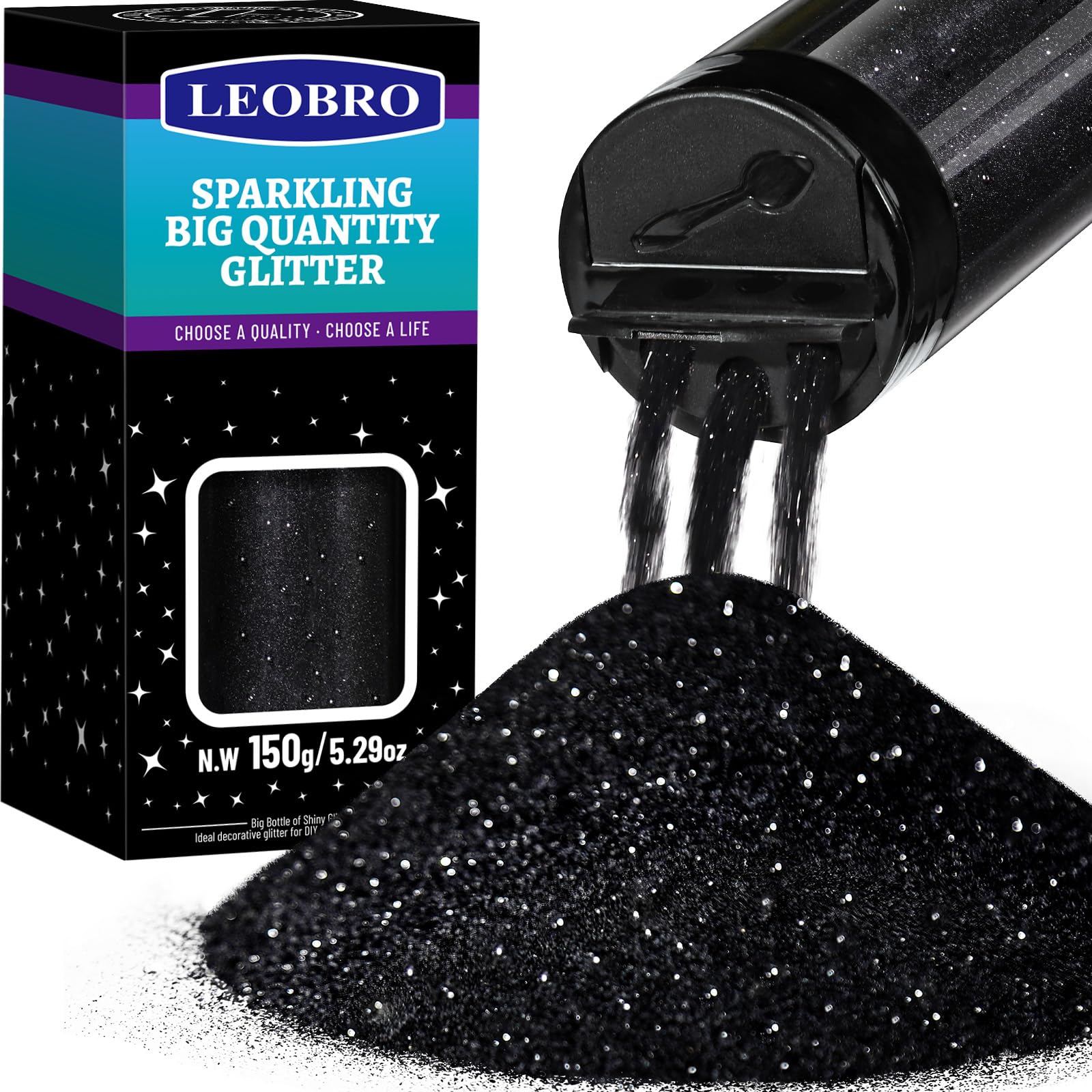 LEOBRO Glitter, Black Glitter, 150g/5.29oz Black Fine Glitter, Glitter for Crafts, Black Glitter Powder Craft Glitter Glitter, Extra Fine Glitter for Resin Crafts DIY Halloween Decorations, 0.2MM