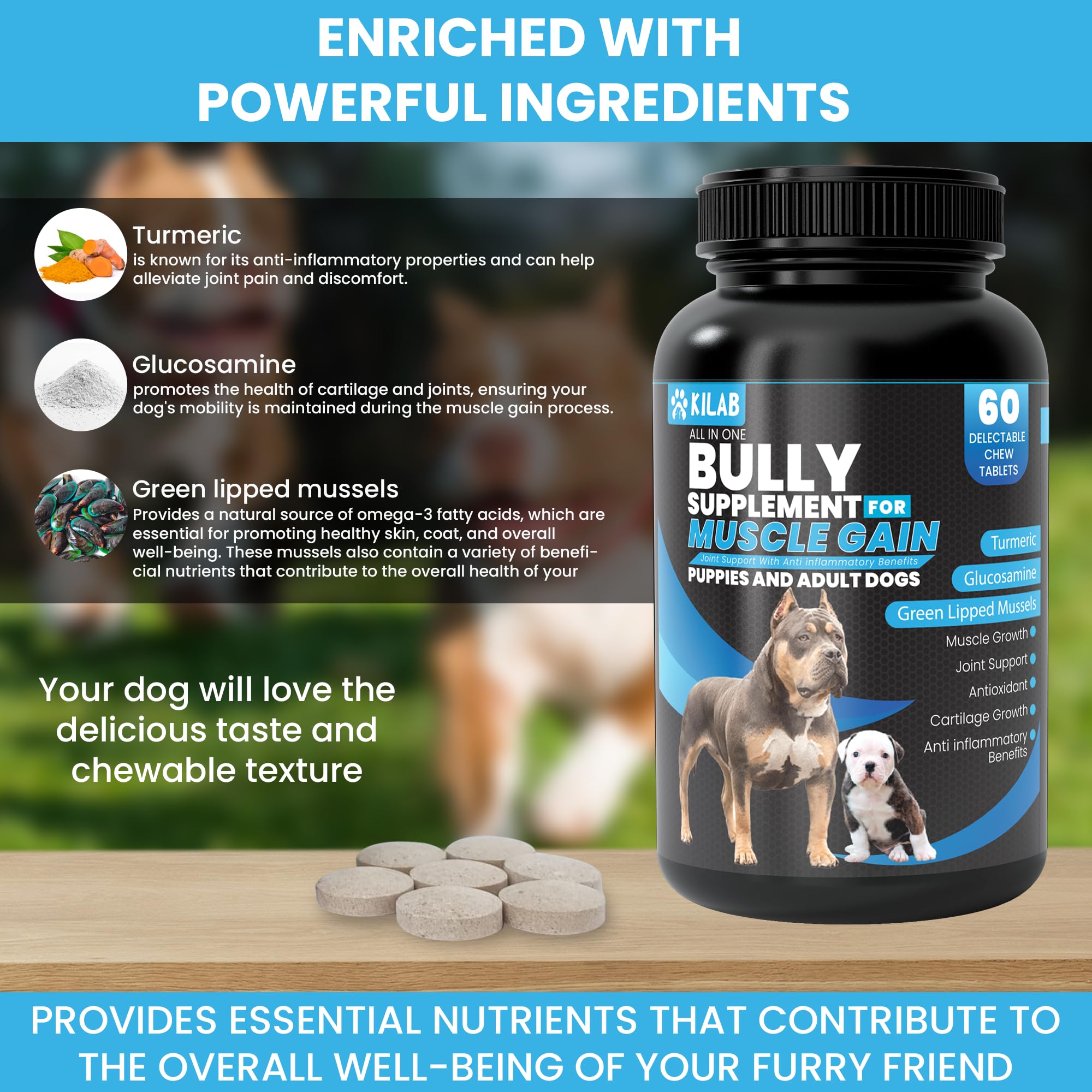 Kilab Dog Weight Gainer – 60-Count Muscle Builder Dog Supplement – Muscle Growth Supplement for Dogs, Puppies and Adults – Bully Growth Formula with Turmeric, Glucosamine, Green Lipped Mussels