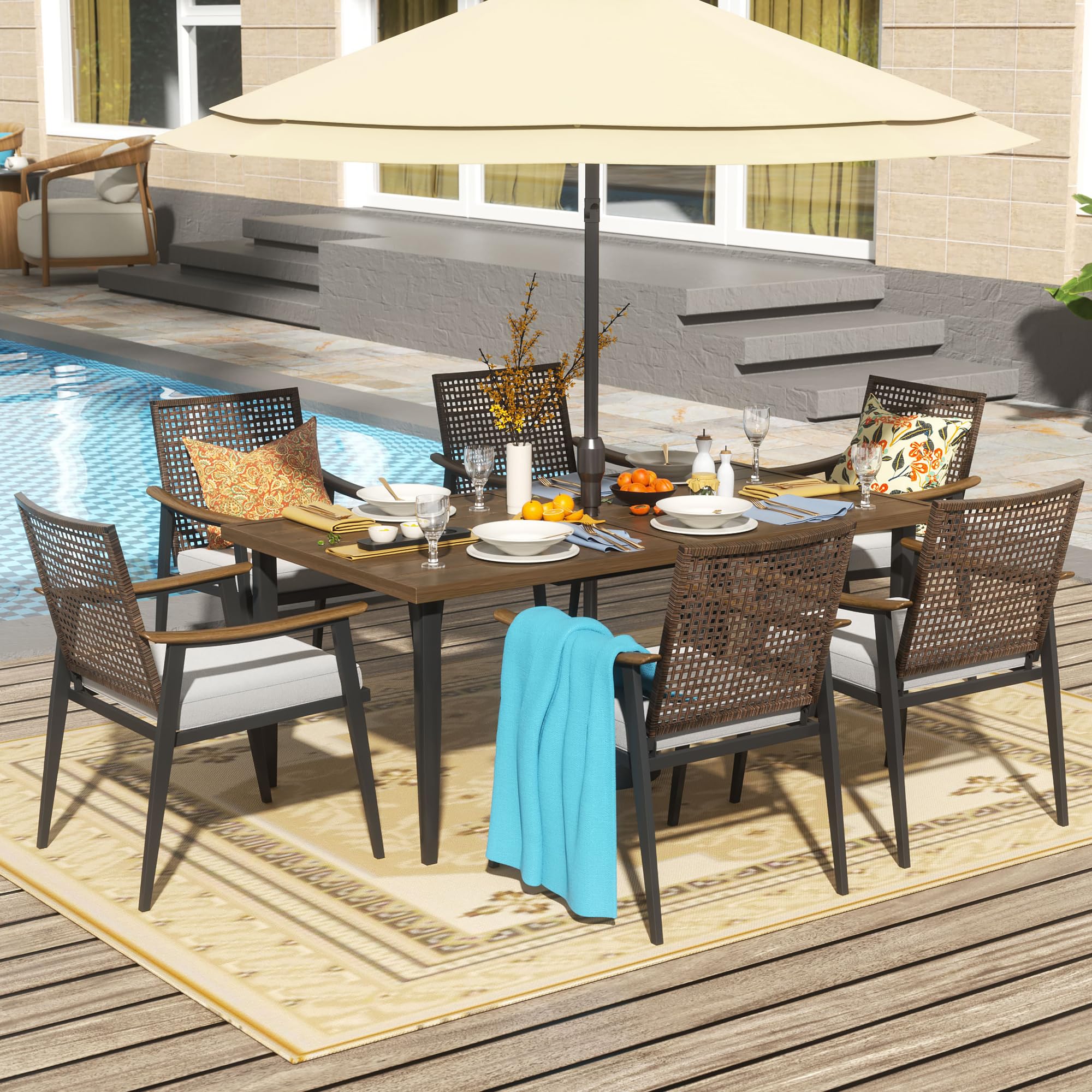 NATURAL EXPRESSIONS 7 Piece Patio Dining Table Outdoor Furniture Set, 6 Rattan Wicker Chairs with Cushions and 70” Large Dining Table with 1.65'' Umbrella Hole for Patio, Garden, Porch, Pool Beige