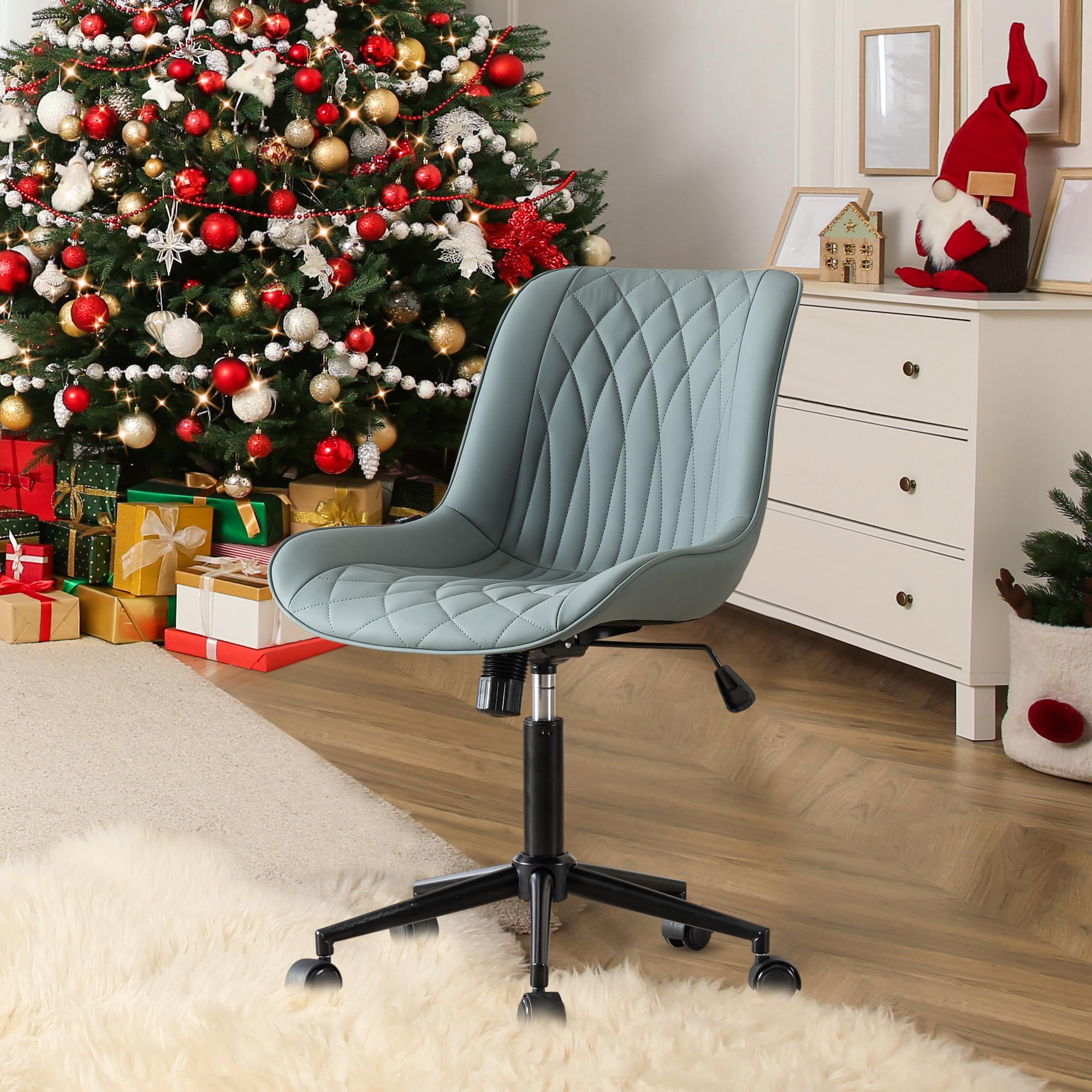 YOUNIKE Ergonomic Home Office Desk Chair Comfy Small Criss Cross Chair with Wheels Swivel Adjustable Modern Vanity Chair High Back Armless Cute Leather Upholstered Rolling Task Chair Greyish Green