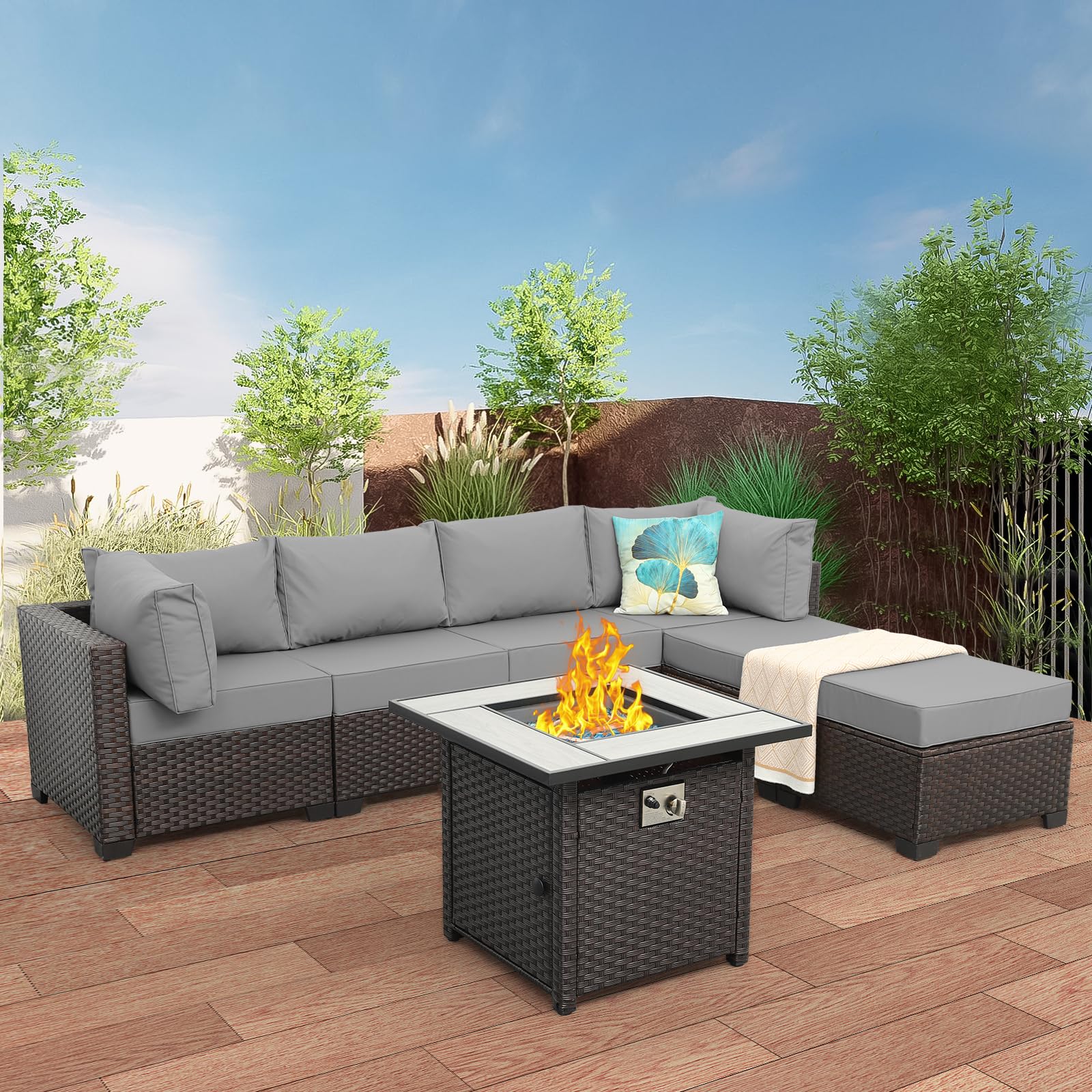 WAROOM Outdoor Patio Furniture Set 7 Pieces Sectional Sofa Brown Rattan Conversation Couch with PE Wicker Propane Fire Pit Table, Non-Slip 5" Thick Grey Cushion and Furniture Cover