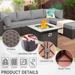 WAROOM Outdoor Patio Furniture Set 7 Pieces Sectional Sofa Brown Rattan Conversation Couch with PE Wicker Propane Fire Pit Table, Non-Slip 5" Thick Grey Cushion and Furniture Cover