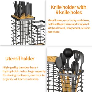 EBEAU Knife Holder + Utensil Holder, Universal Kitchen Bamboo Knife Holder without Knives, Modern Kitchen Countertop Utensil Organizer, Kitchen Knife Block with Scissors Slot and Sharpening Rod Hole