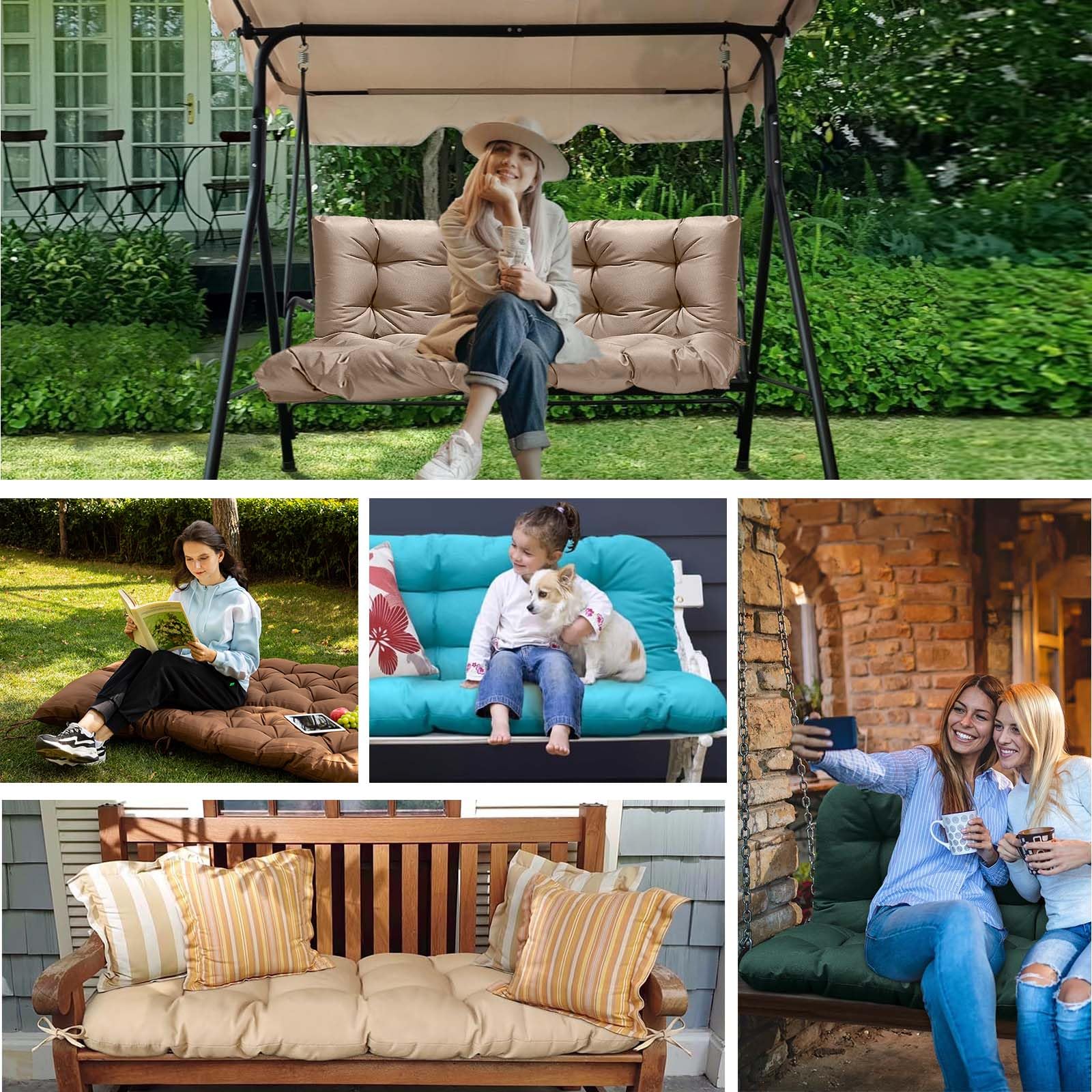 LCYY.JF Porch Swing Cushion,Waterproof Bench Cushion for Outdoor Furniture with Backrest, Thickened Swing Cushions 3 Seater Replacement with Ties for Porch,Patio,Outdoor,Backyard and Garden