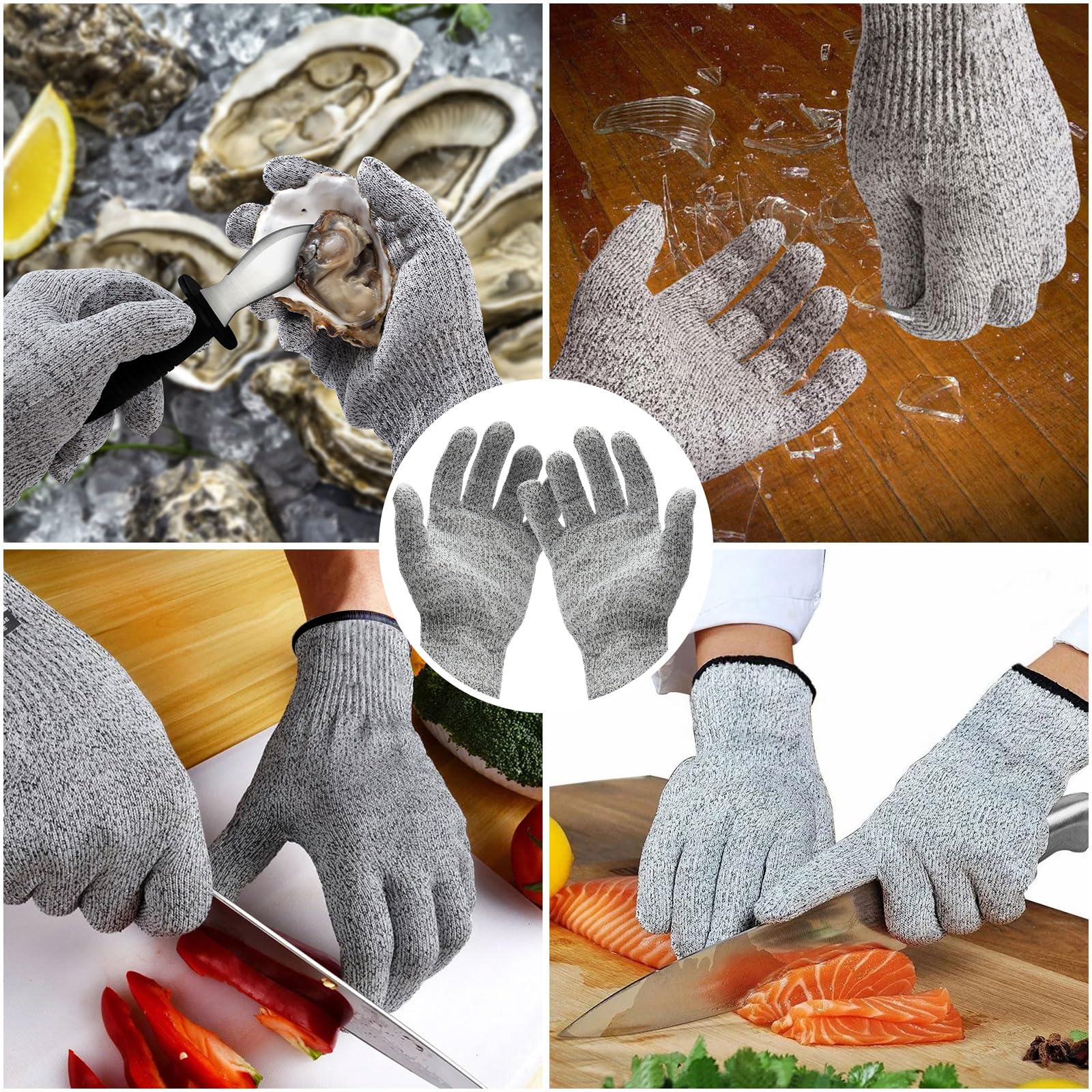 Hunnycook Oyster Shucking Knife Set, 7.9-inch and 6.8-inch Stainless Steel Oyster Shuckers, 1 Plastic Handle Oyster Knife, 1 Wooden Handle Oyster Knife, 2 Pairs of Level 5 Cut-resistant Gloves (L)