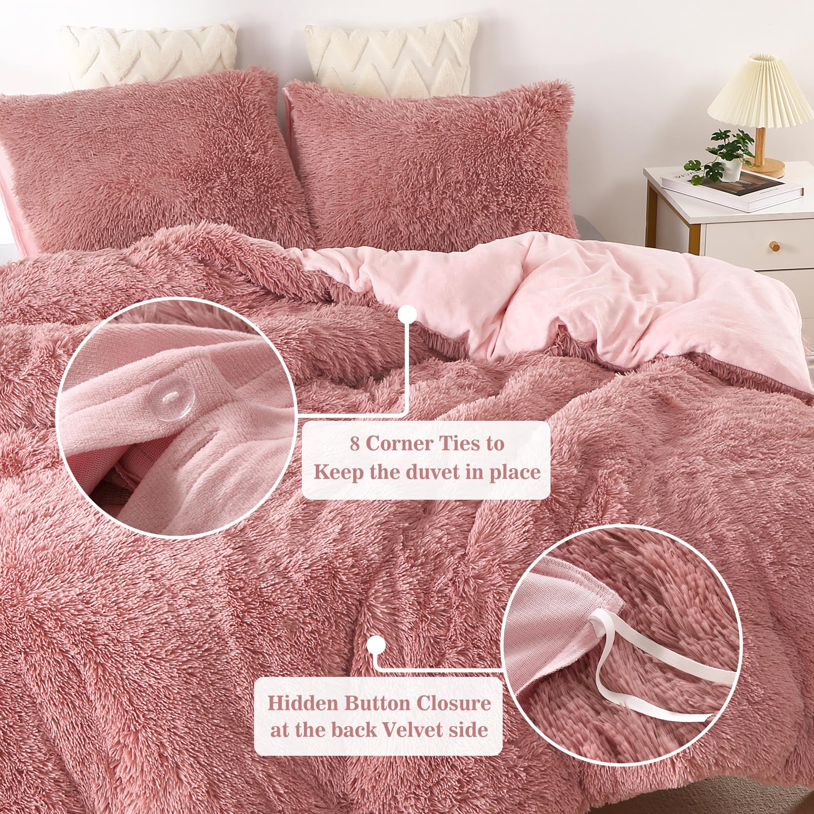 CAROMIO Fluffy Duvet Cover Set King Size, Luxury Soft Faux Fur Duvet Cover with Button Closure Corner Ties, 3 Piece Shaggy Bedding Set with 2 Pillow Sham for Cold Winter (King, Pink)