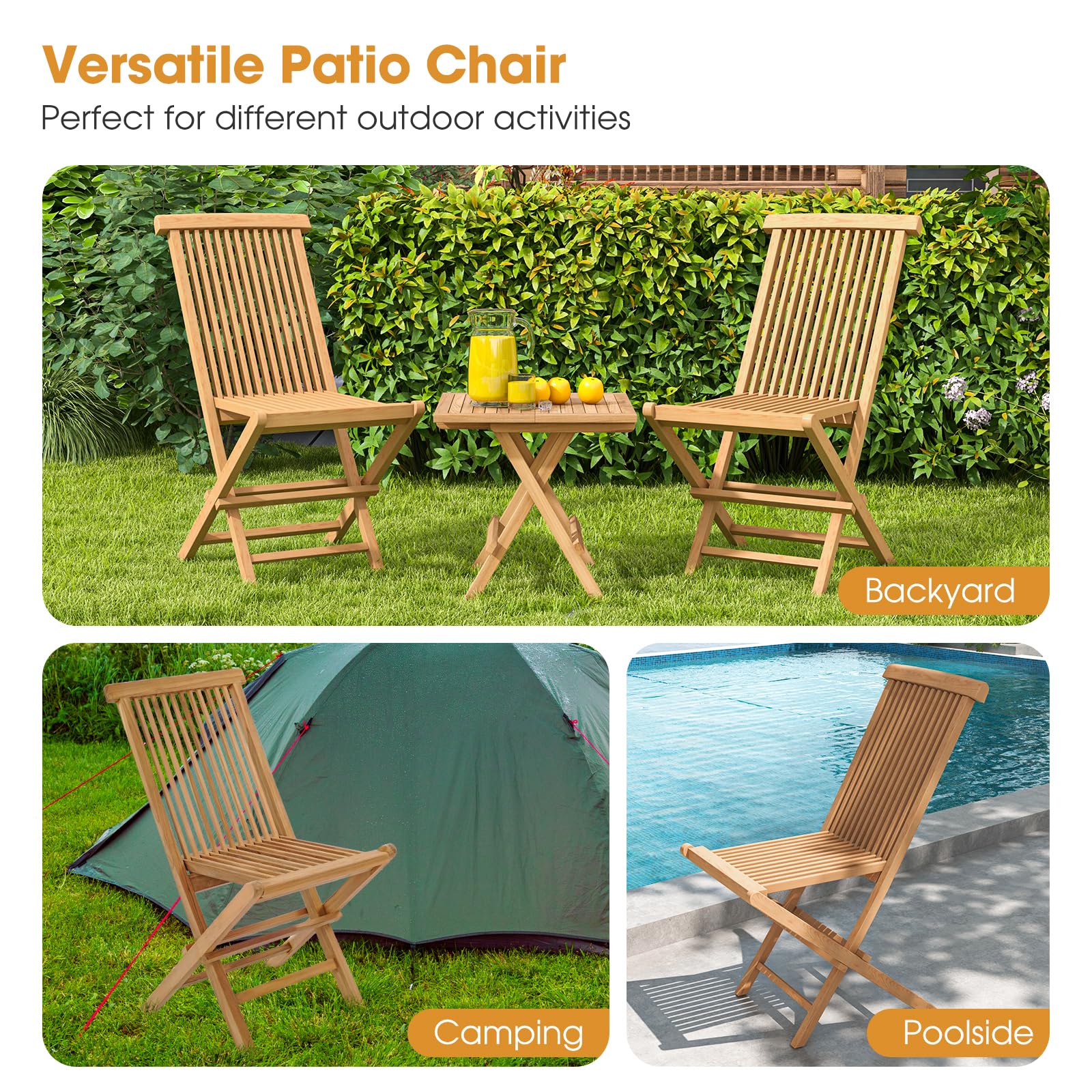 Tangkula 2 Piece Wood Patio Folding Chair, Sturdy Teak High-Back Chair with Slatted Design, Portable & Lightweight Outdoor Dining Chair, Natural Appearance, Perfect for Backyard, Camping