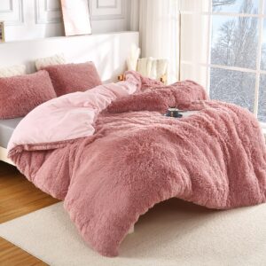 CAROMIO Fluffy Duvet Cover Set King Size, Luxury Soft Faux Fur Duvet Cover with Button Closure Corner Ties, 3 Piece Shaggy Bedding Set with 2 Pillow Sham for Cold Winter (King, Pink)