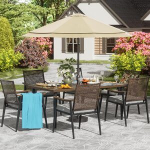 NATURAL EXPRESSIONS 7 Piece Patio Dining Table Outdoor Furniture Set, 6 Rattan Wicker Chairs with Cushions and 70” Large Dining Table with 1.65'' Umbrella Hole for Patio, Garden, Porch, Pool Beige