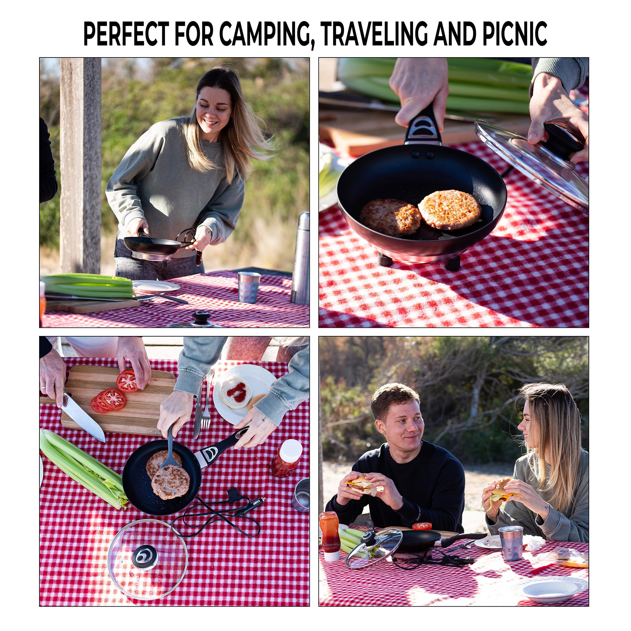 ZONETECH 12V Frying Pan with Glass Lid Portable Non-Stick 7.5-inch Pan Stay-Cool Handles, Rapid Heat Up, Portable, Perfect For Camping, Picnic and more